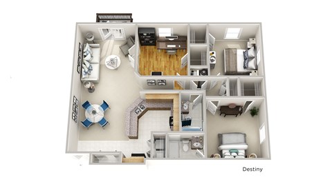 a stylized floor plan with a bedroom and a living room